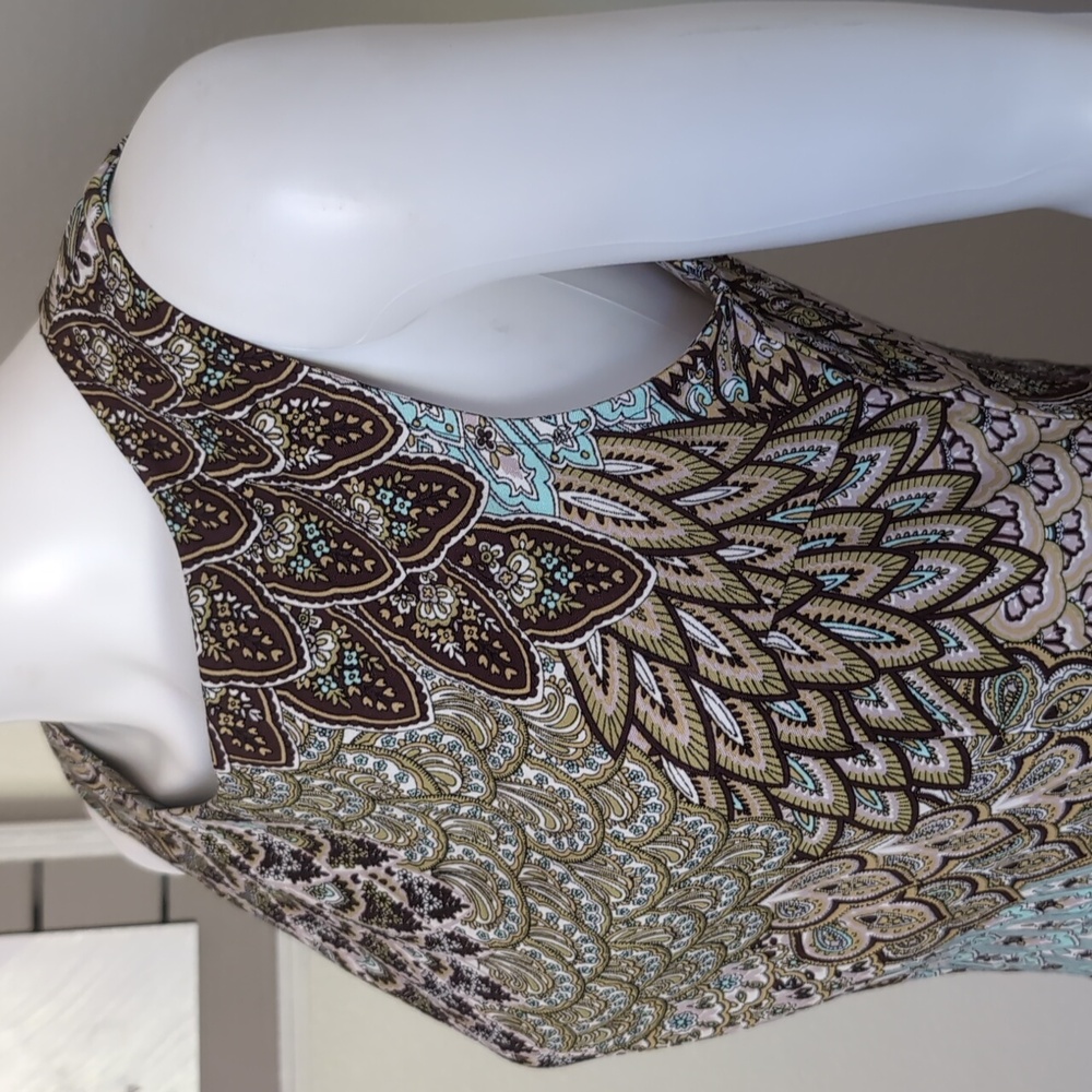 Connected Sleeveless Sheath Dress Sz6 3% Spandex Peacock Paisley Brown Aqua NWT